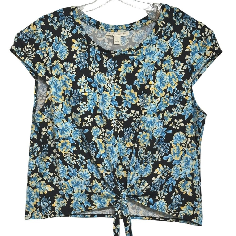 Emaline Floral Blouse Women Blue Yellow Front Tie Cap Sleeve Cottagecore XL